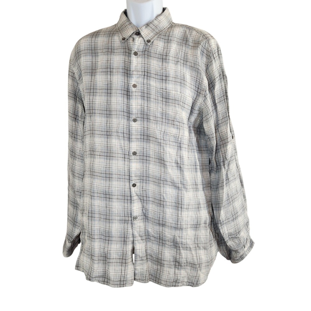 John Varvatos Men XL Gray Plaid Roll Tab Button Down Shirt Linen Lightweight Top